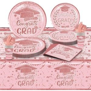 169 PC Pink Graduation Party Supplies Serves 24 Tablecloth/Cups/Napkins/Plates